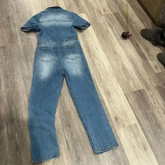 Avec Les Filles Denim Collared One Piece Jumpsuit Overalls Size 29 - Picture 9 of 9